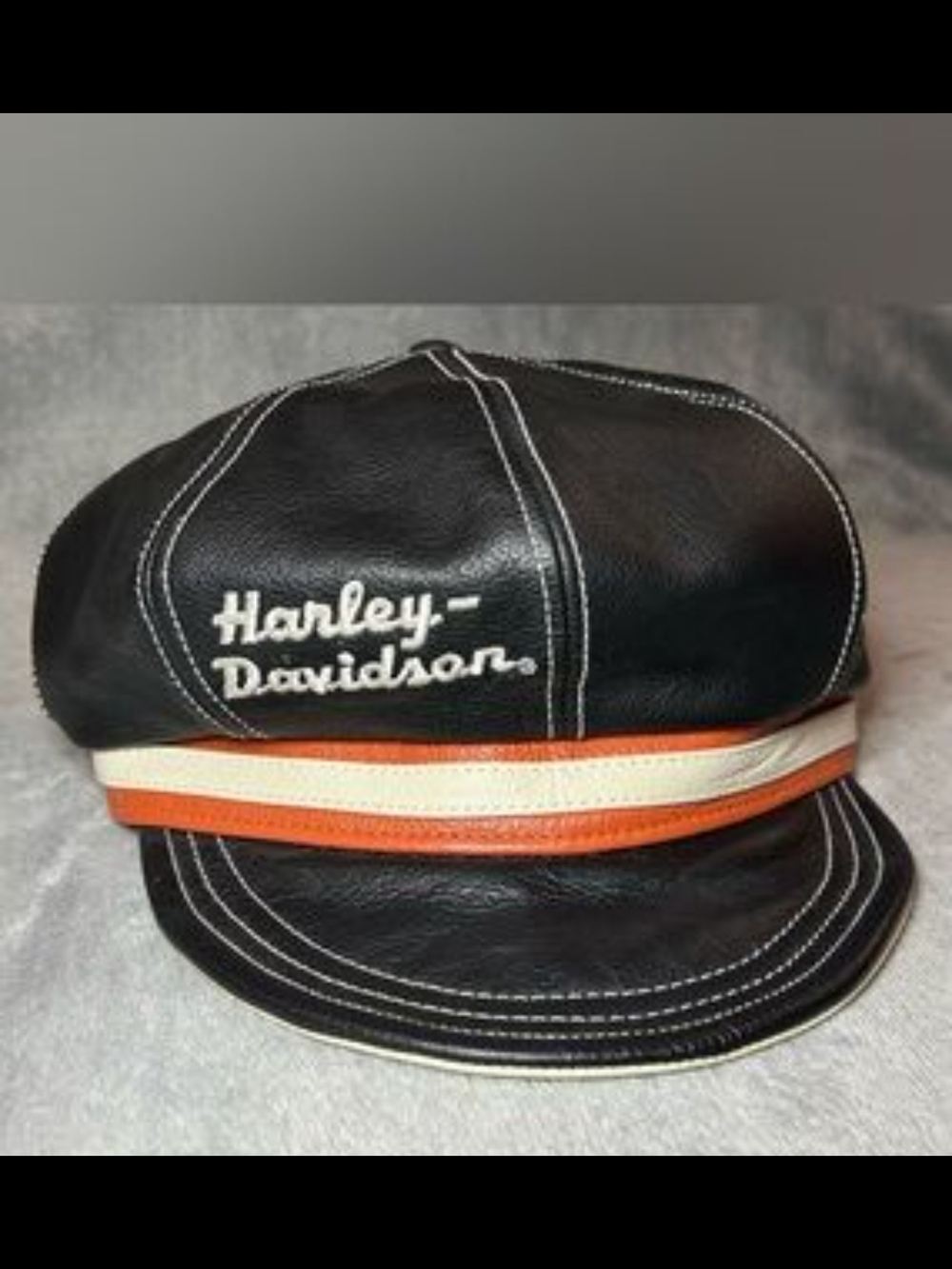 Harley-Davidson Black Leather Cap with Orange & Cream Bands